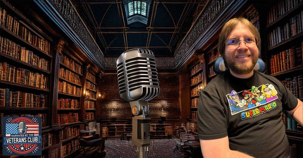 Tony Grace, a new narrator for 'Narrated By The Veterans Club,' sitting at a desk in a library setting with shelves filled with books, speaking into an old-fashioned microphone, with the 'Narrated By The Veterans Club' logo prominently displayed.
