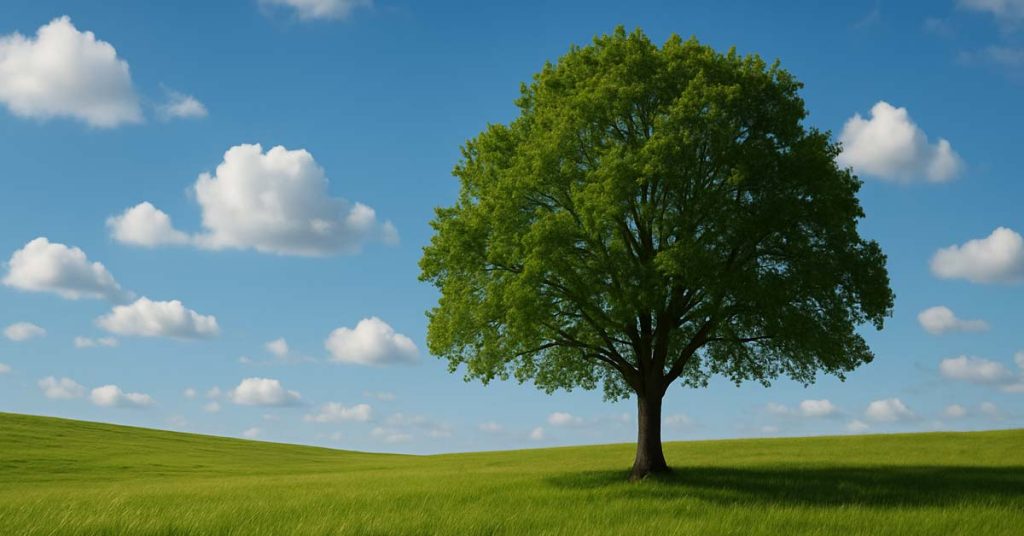 A lone oak tree standing in a green meadow under a bright blue sky with white fluffy clouds, symbolizing hope, peace, and mental health awareness for veterans and first responders.