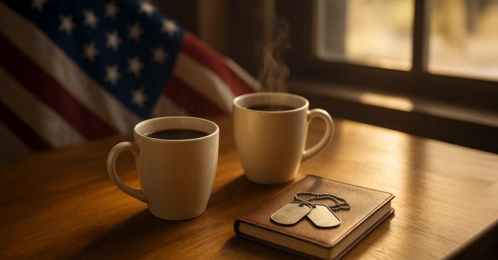 A warmly lit coffee shop table with two steaming cups of coffee, a folded American flag subtly blurred in the background, and soft morning sunlight streaming in. On the table, a leather-bound notebook and a pair of dog tags rest naturally, symbolizing service and story. The overall tone should feel inviting, patriotic, and reflective—capturing the humble beginnings of the Patriot Pour.