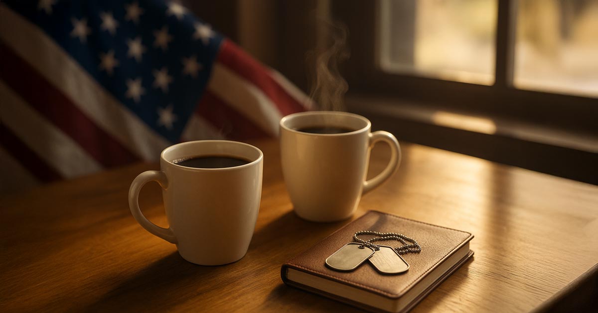 A warmly lit coffee shop table with two steaming cups of coffee, a folded American flag subtly blurred in the background, and soft morning sunlight streaming in. On the table, a leather-bound notebook and a pair of dog tags rest naturally, symbolizing service and story. The overall tone should feel inviting, patriotic, and reflective—capturing the humble beginnings of the Patriot Pour.