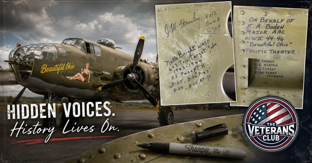 World War II B-25 Mitchell bomber named Beautiful Ohio alongside handwritten inscriptions from veterans on aircraft metal panels and The Veterans Club logo.