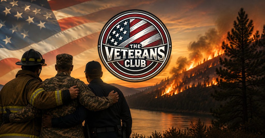 The Veterans Club circular logo centered over a firefighter, military service member, and police officer standing together as a wildfire burns on a forest hillside in the background.