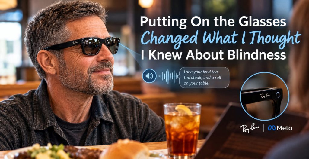 A middle-aged man with salt-and-pepper hair wearing Ray-Ban Meta smart glasses sitting at a restaurant table with a glass of iced tea and a plate of food in front of him. Light rays project from his glasses toward a graphic audio bubble containing the text, "I see your iced tea, the steak, and a roll on your table." Text on the image reads, "Putting On the Glasses Changed What I Thought I Knew About Blindness," along with a circular inset highlighting the built-in camera lens on the Ray-Ban frame and the "Ray-Ban | Meta" logo in the corner.